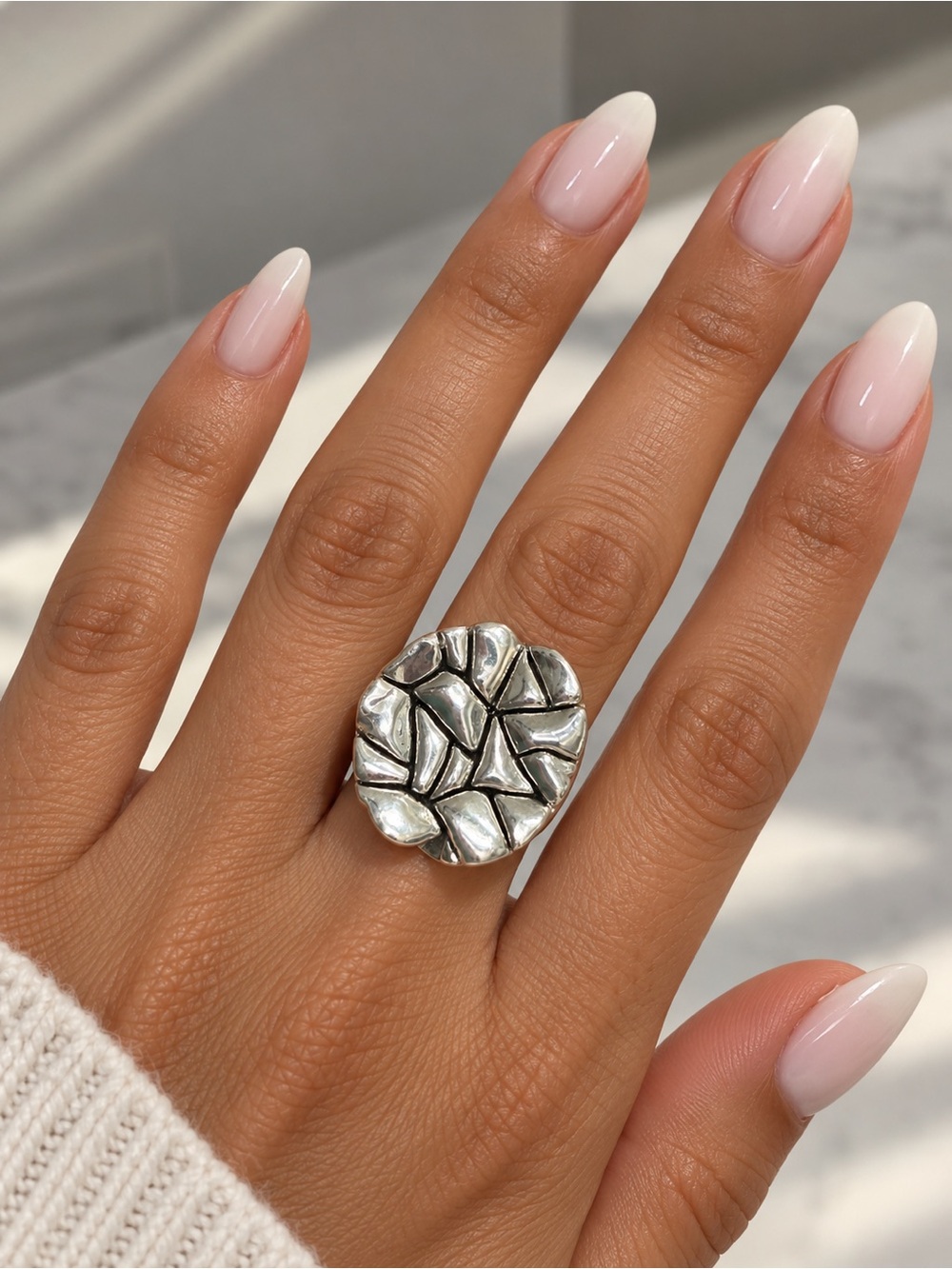 Sterling Silver Textured Cluster Statement Ring - Silver